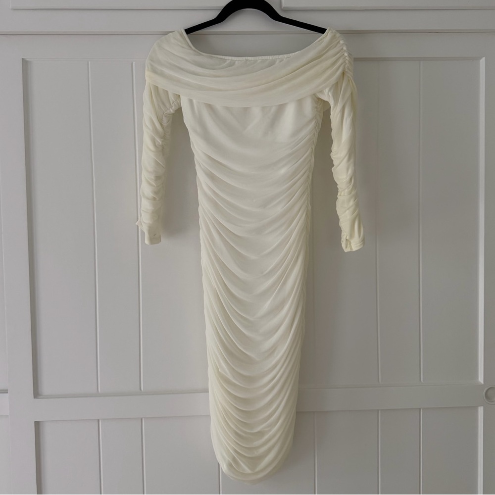 Cream Ruched Off- Shoulder Midi Dress